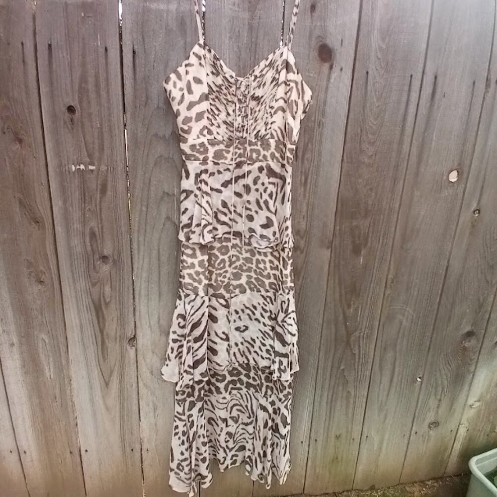 HEMANT & NANDITA ANIMAL PRINT MAXI DRESS SZ M ZIP SLEEVELESS RUFFLE TIARED SKIRT